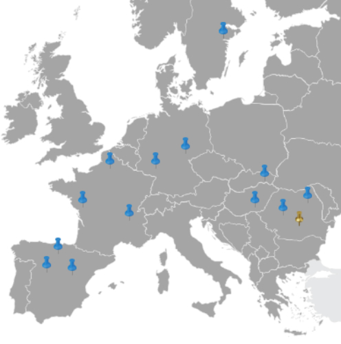 Europe map with project countries marked: Sweden, Germany, Spain, Slovakia, France, Hungary and Romania.